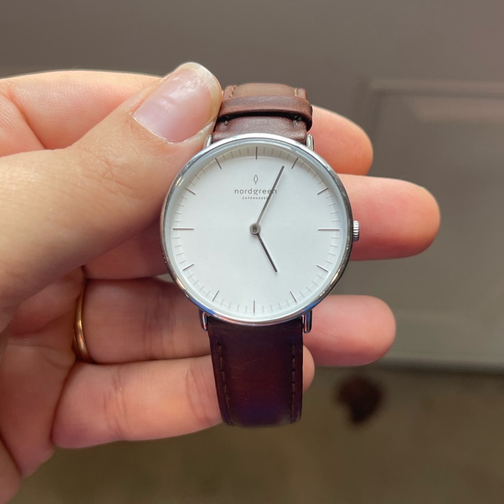Nordgreen ‘Native’ Style Silver and Brown Leather Watch